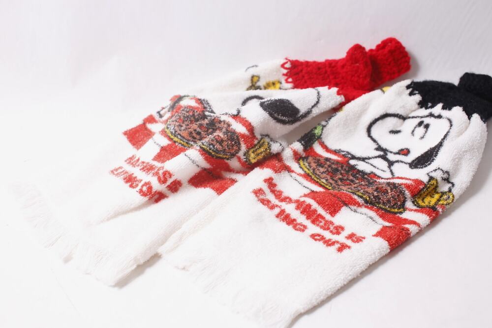 Vintage Stove Snoopy Kitchen Towel Lot with Crochet Top Happiness Is Eating Out